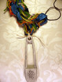 Colorful yarn and concrete safety pin necklace with steel links