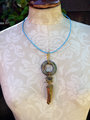 enamel washer crystal necklace with turquoise cord and brass