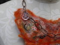 Orange felted yarn necklace with copper chain and vintage buttons