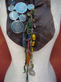 Gathered brown leather fringe bib necklace with blue capiz shell