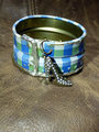 Recycled blue plaid tin can soldered cuff with high heel charm