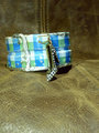 Recycled blue plaid tin can soldered cuff with high heel charm
