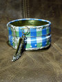Recycled blue plaid tin can soldered cuff with high heel charm