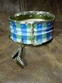 Recycled blue plaid tin can soldered cuff with high heel charm