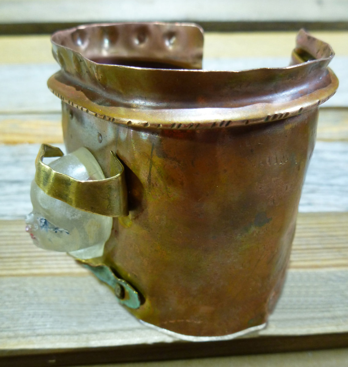 Resin face fold formed cuff bracelet with green patina