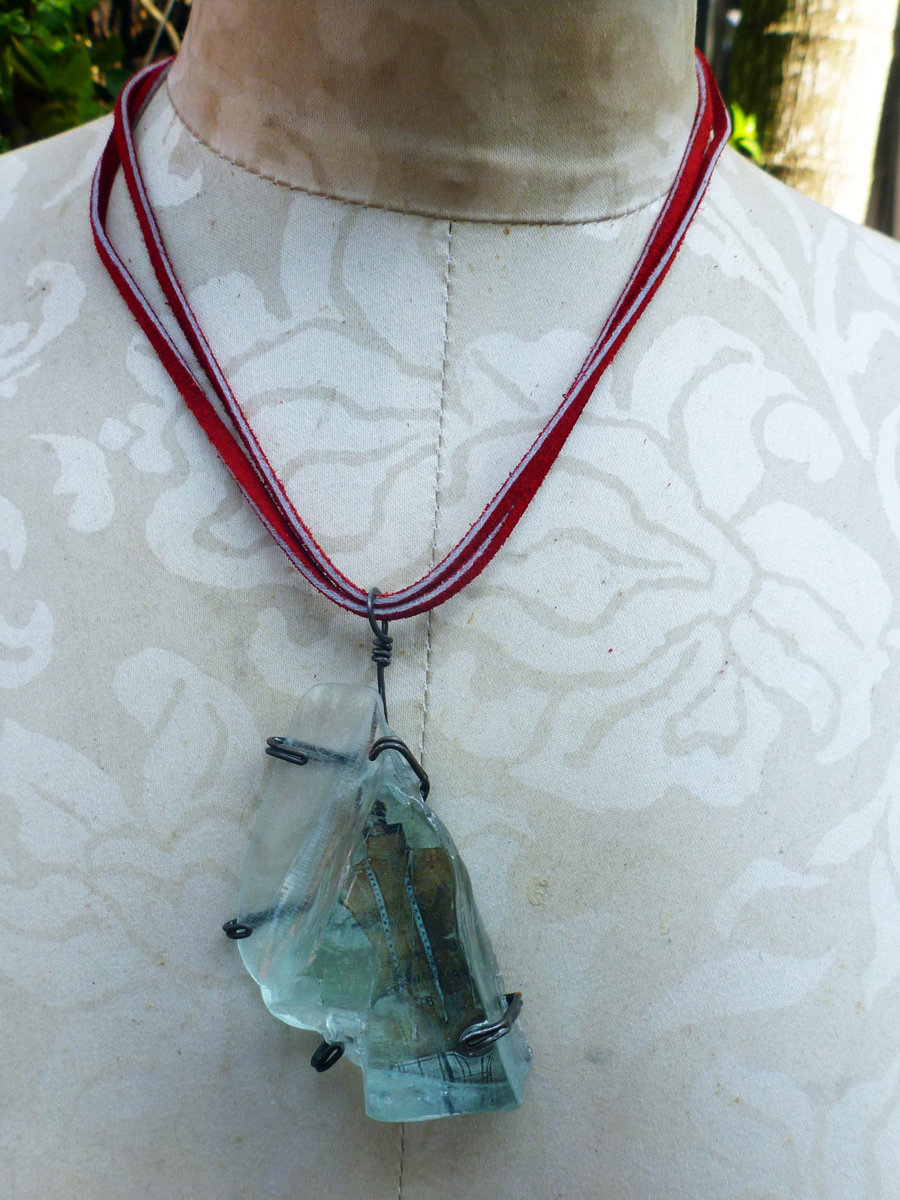 Looking glass mannequin bust steel wire red suede necklace