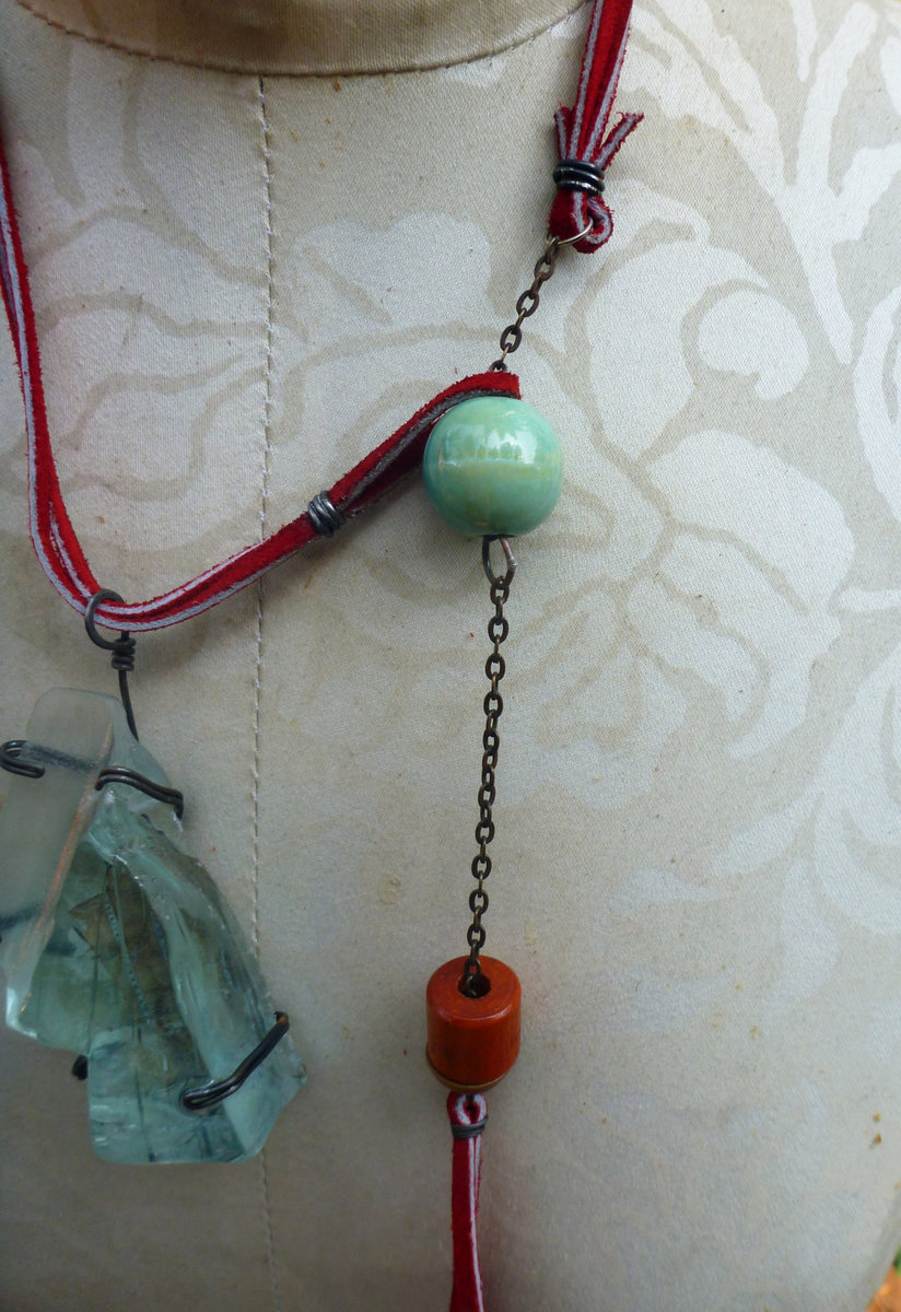 Looking glass mannequin bust steel wire red suede necklace