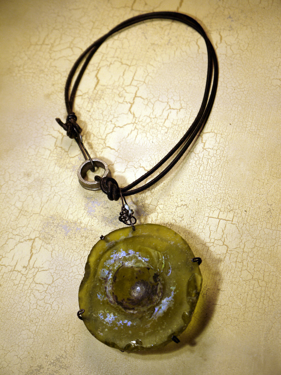Ancient Roman glass leather and steel necklace