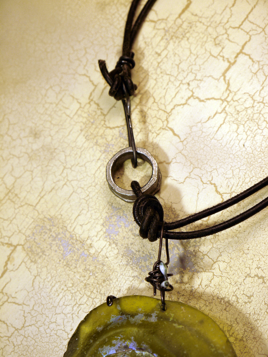 Ancient Roman glass leather and steel necklace