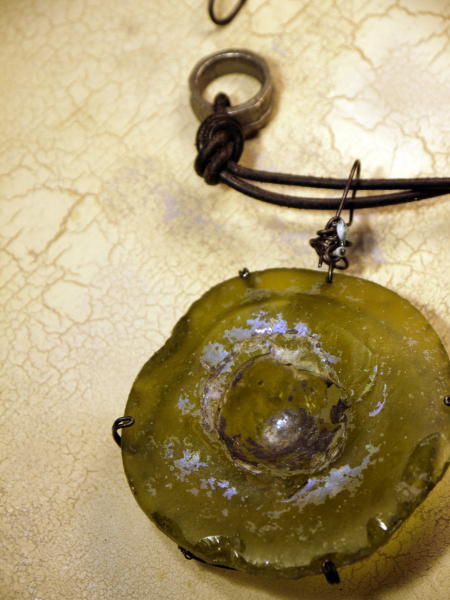 Ancient Roman glass leather and steel necklace