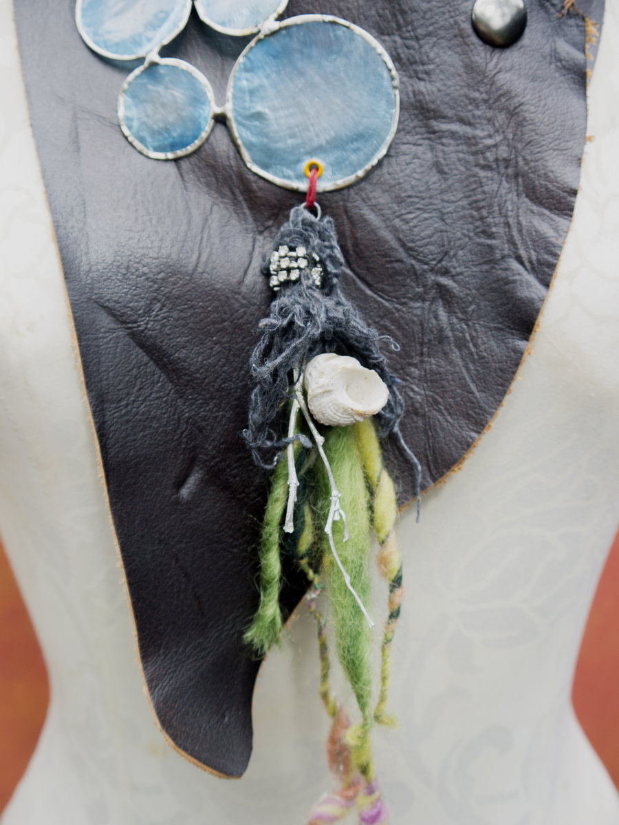 upcycled shells bohemian leather bib necklace with pewter branch