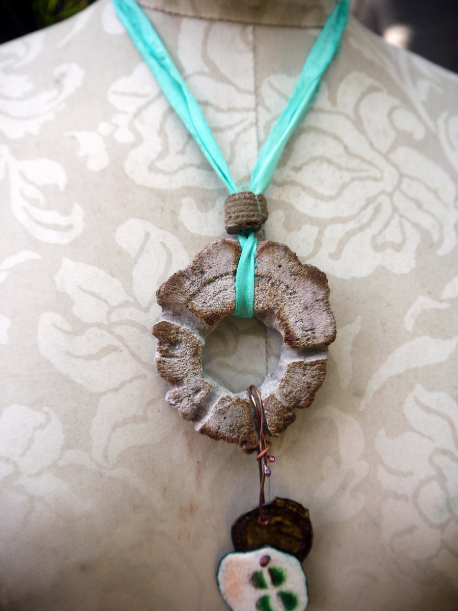Cholla disc necklace with enameled #8 and a bottlecap accent