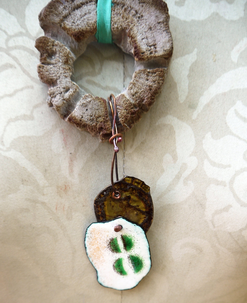 Cholla disc necklace with enameled #8 and a bottlecap accent