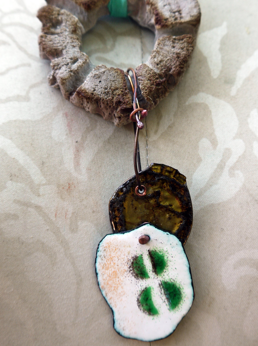Cholla disc necklace with enameled #8 and a bottlecap accent