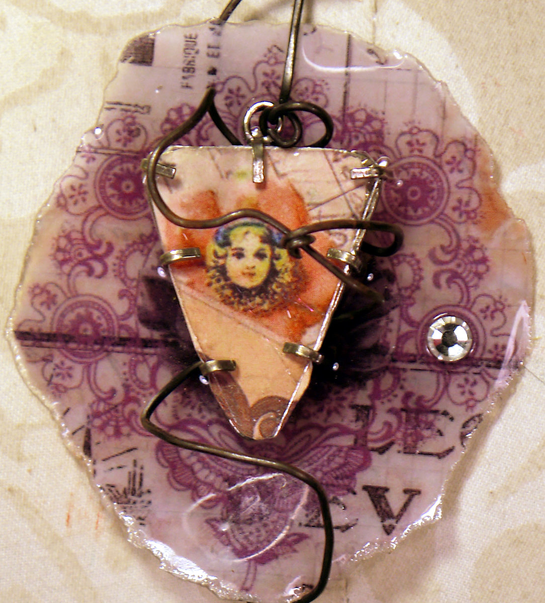 Caged circus resin necklace with a vintage crystal and leather