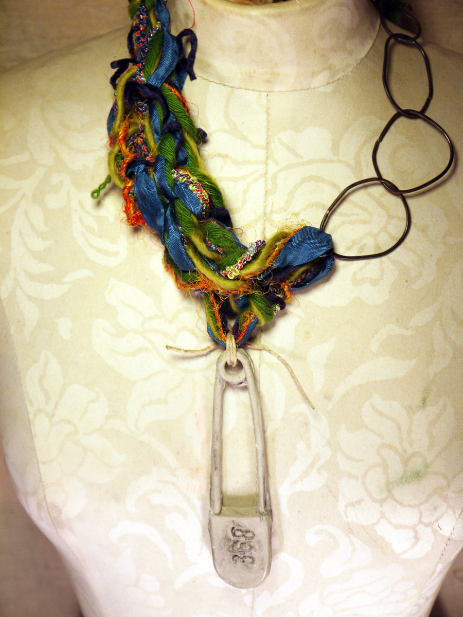 Colorful yarn and concrete safety pin necklace with steel links