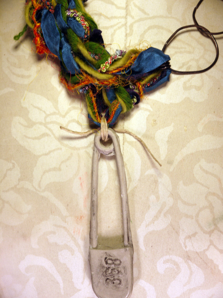Colorful yarn and concrete safety pin necklace with steel links