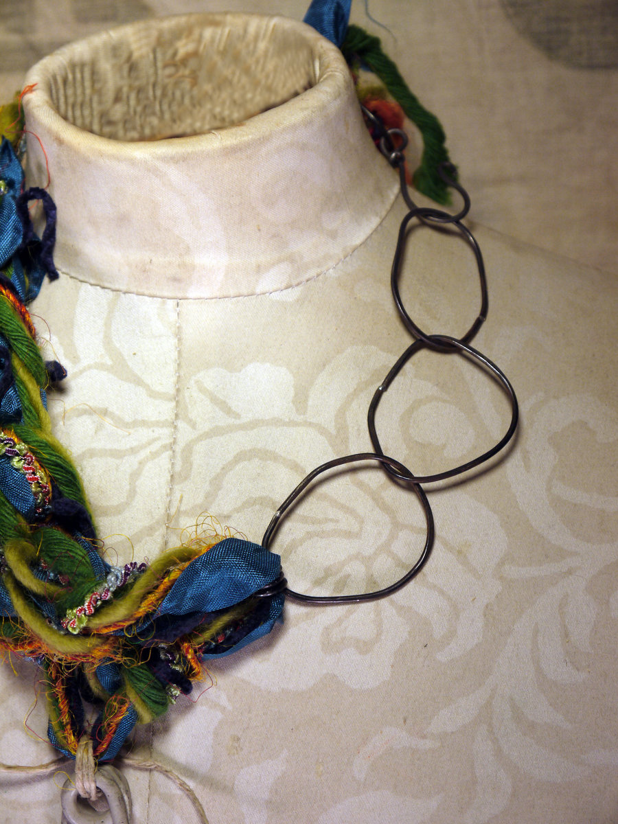 Colorful yarn and concrete safety pin necklace with steel links