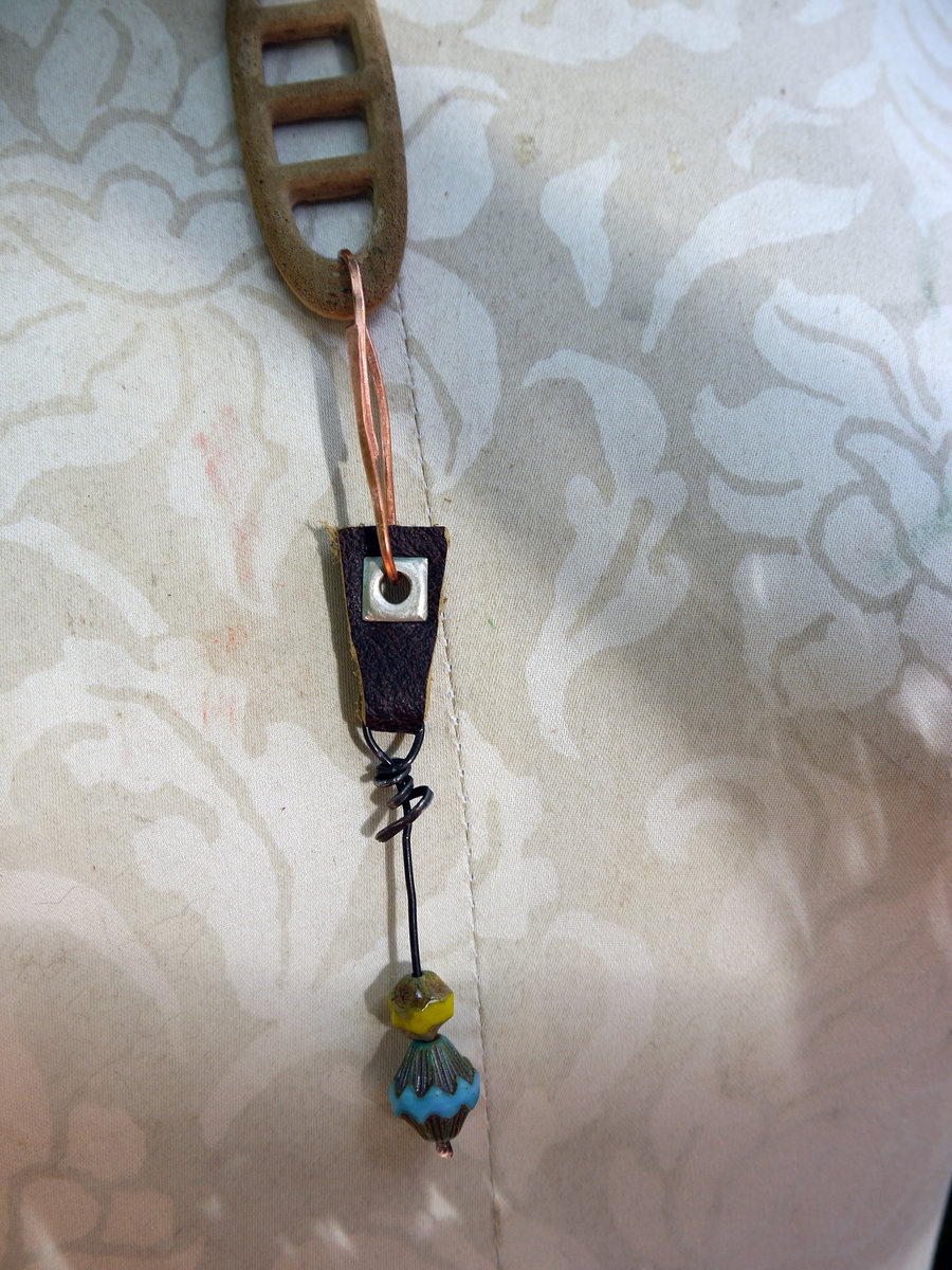 Concrete dangle charm holder with leather and Czech glass