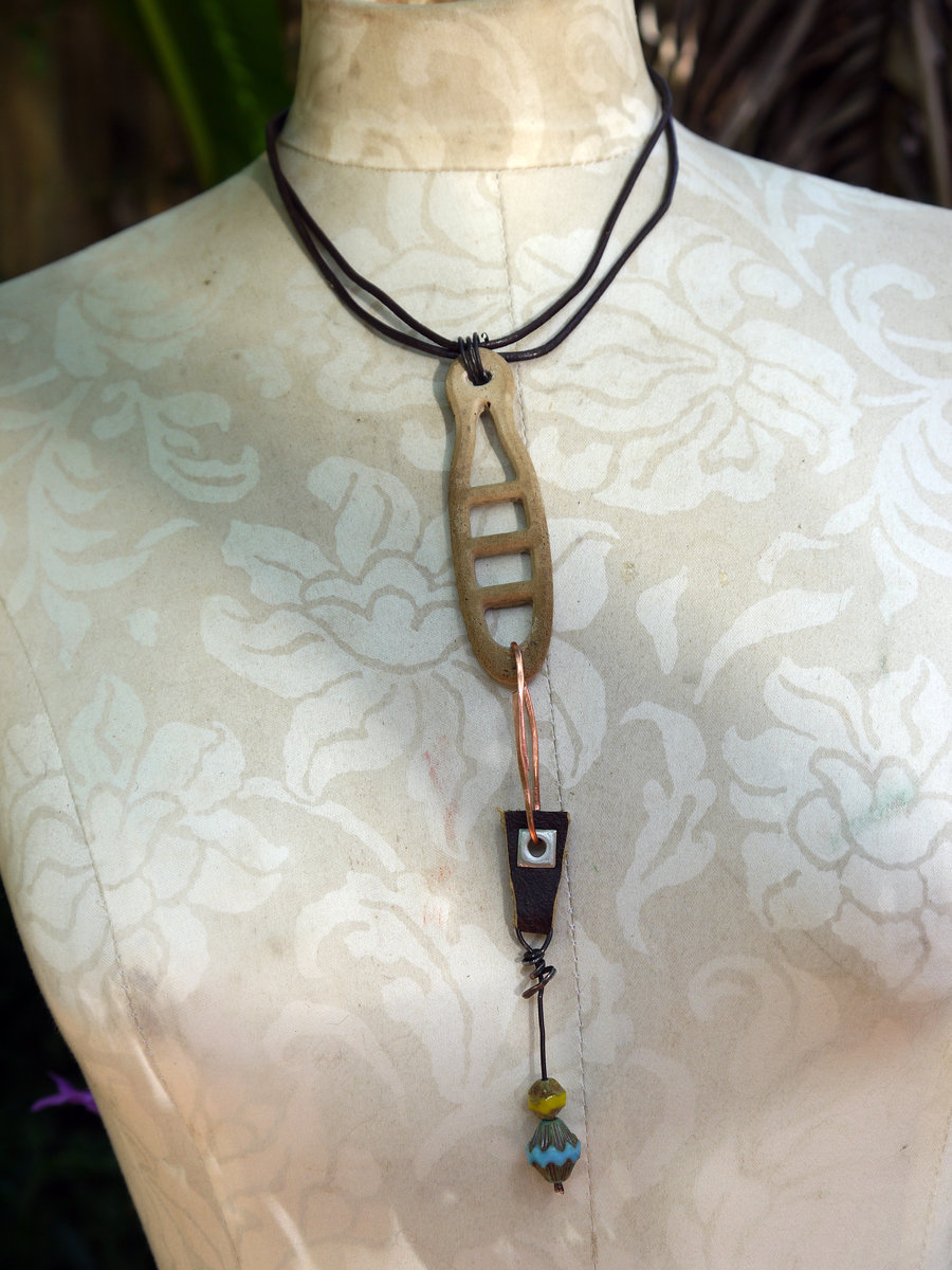 Concrete dangle charm holder with leather and Czech glass