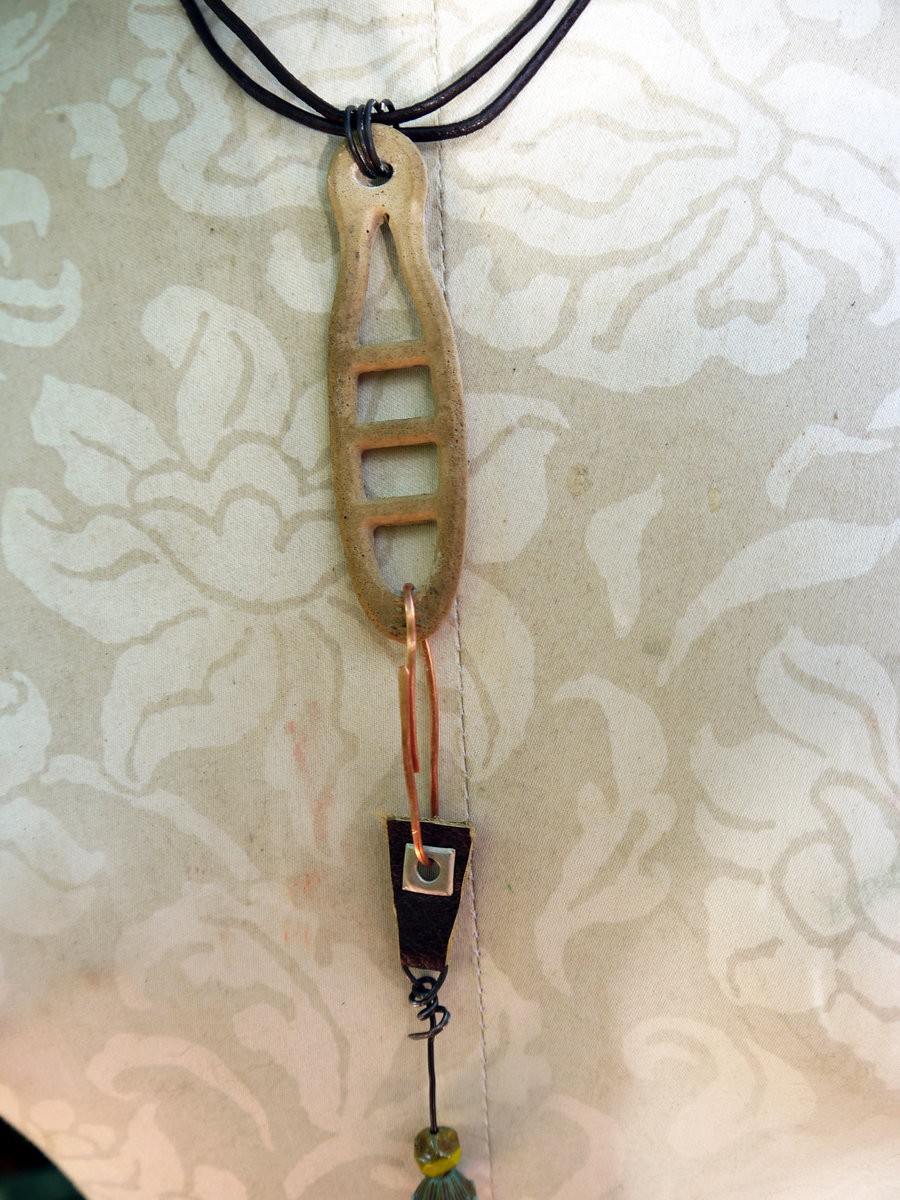 Concrete dangle charm holder with leather and Czech glass