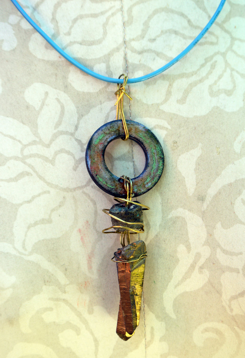 boho crystal necklace with turquoise cord and brass