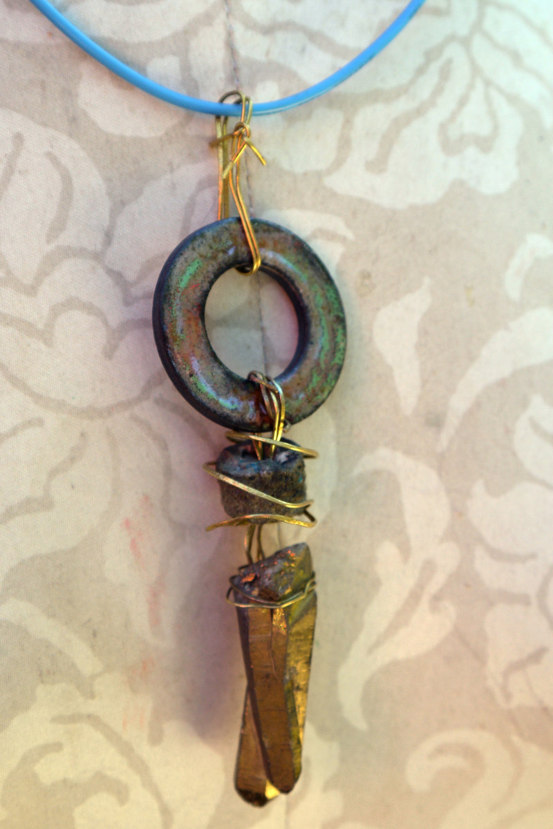 upcycled washer crystal necklace with turquoise cord and brass