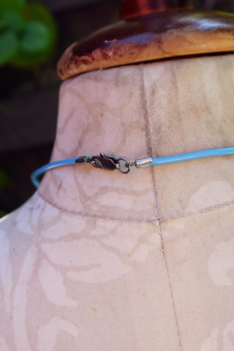 enamel washer crystal necklace with turquoise cord and brass