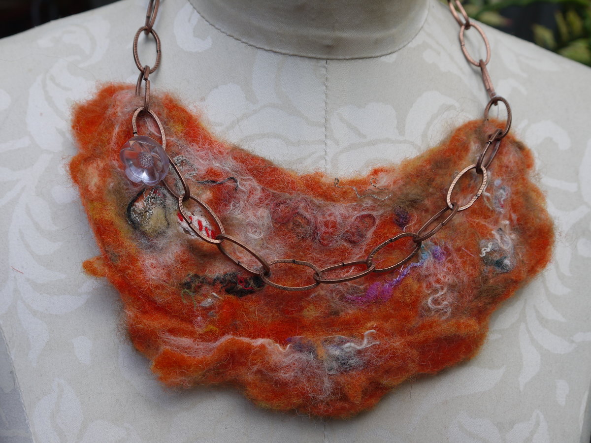 Orange felted yarn necklace with copper chain and vintage buttons