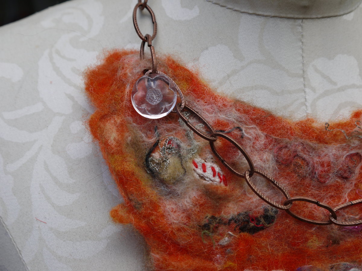 Orange felted yarn necklace with copper chain and vintage buttons