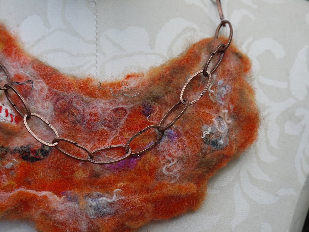 Orange felted yarn necklace with copper chain and vintage buttons