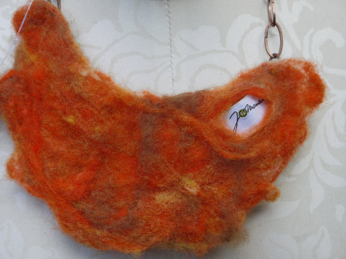 Orange felted yarn necklace with copper chain and vintage buttons