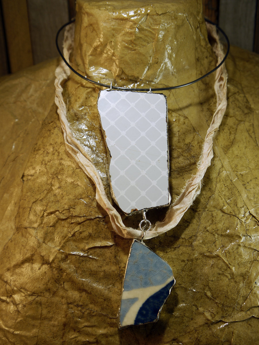 Tile remnant silver solder and steel necklace