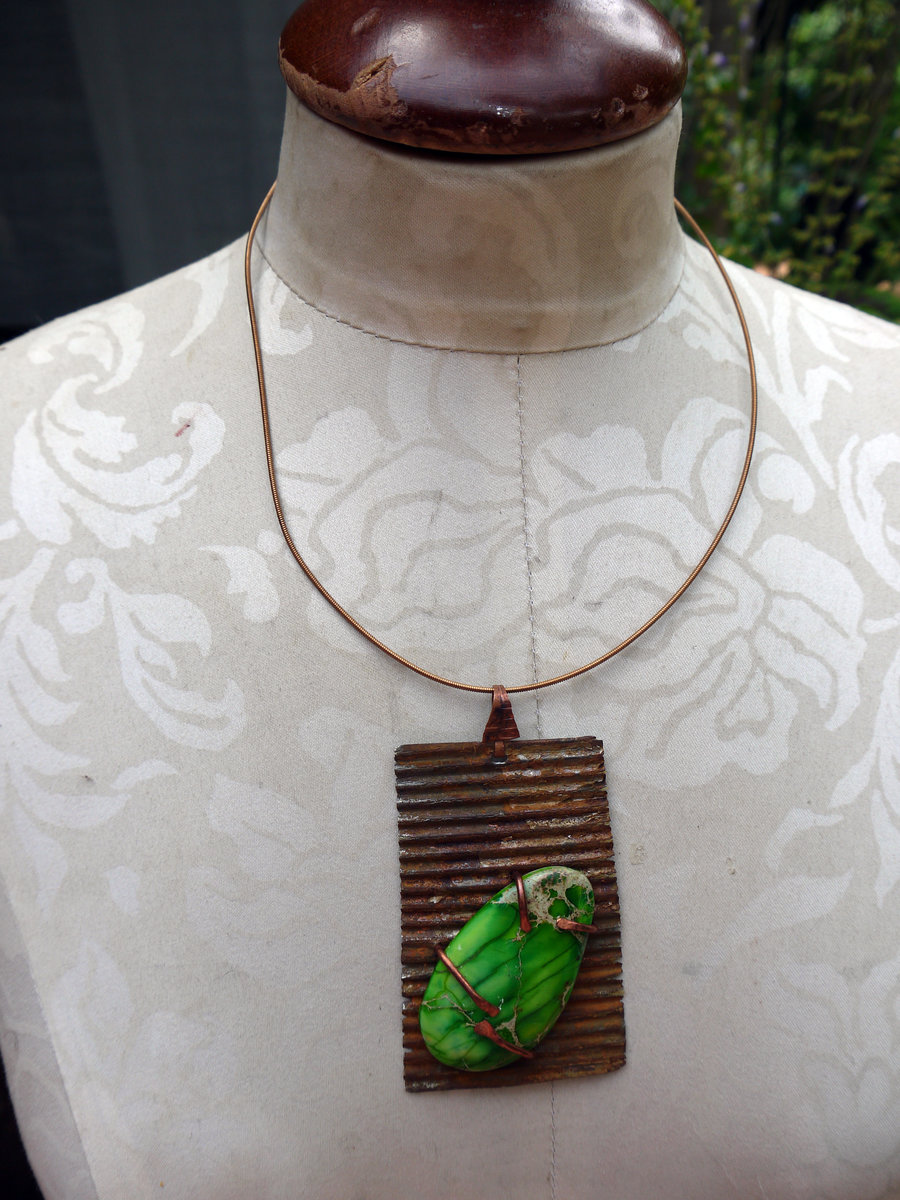 Green jasper recycled tin can prong necklace
