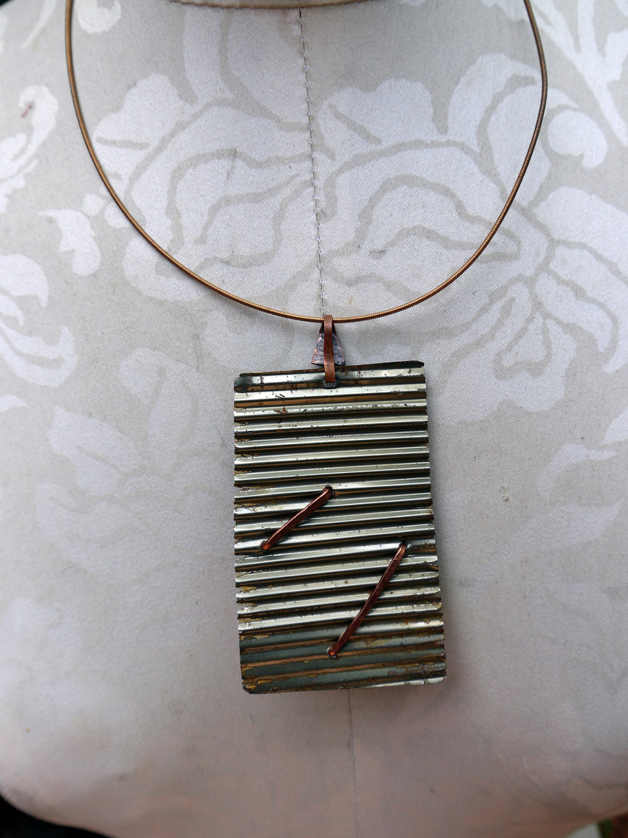 Green jasper recycled tin can prong necklace