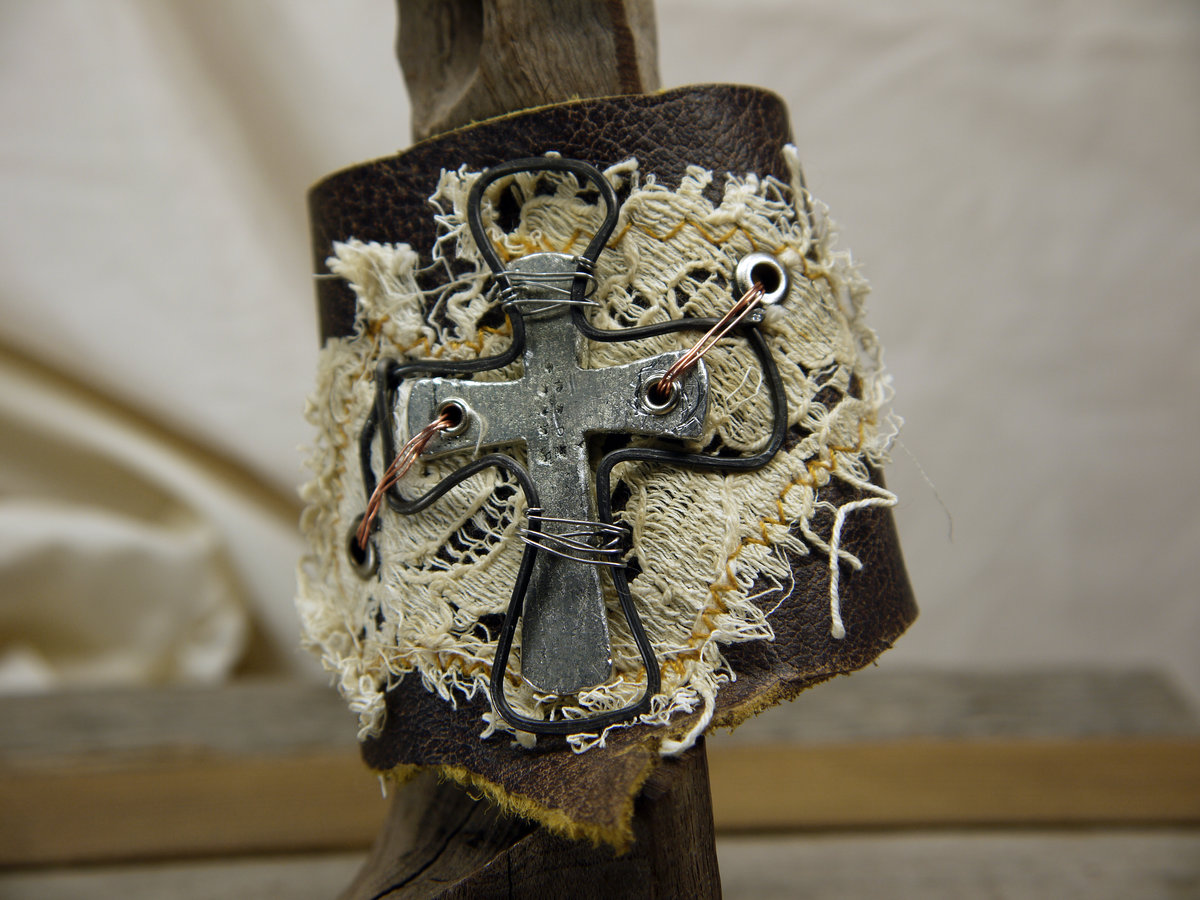 Commissioned Steampunk cross leather cuff