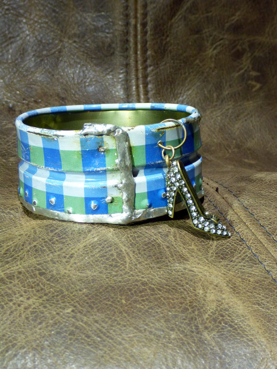 Recycled blue plaid tin can soldered cuff with high heel charm
