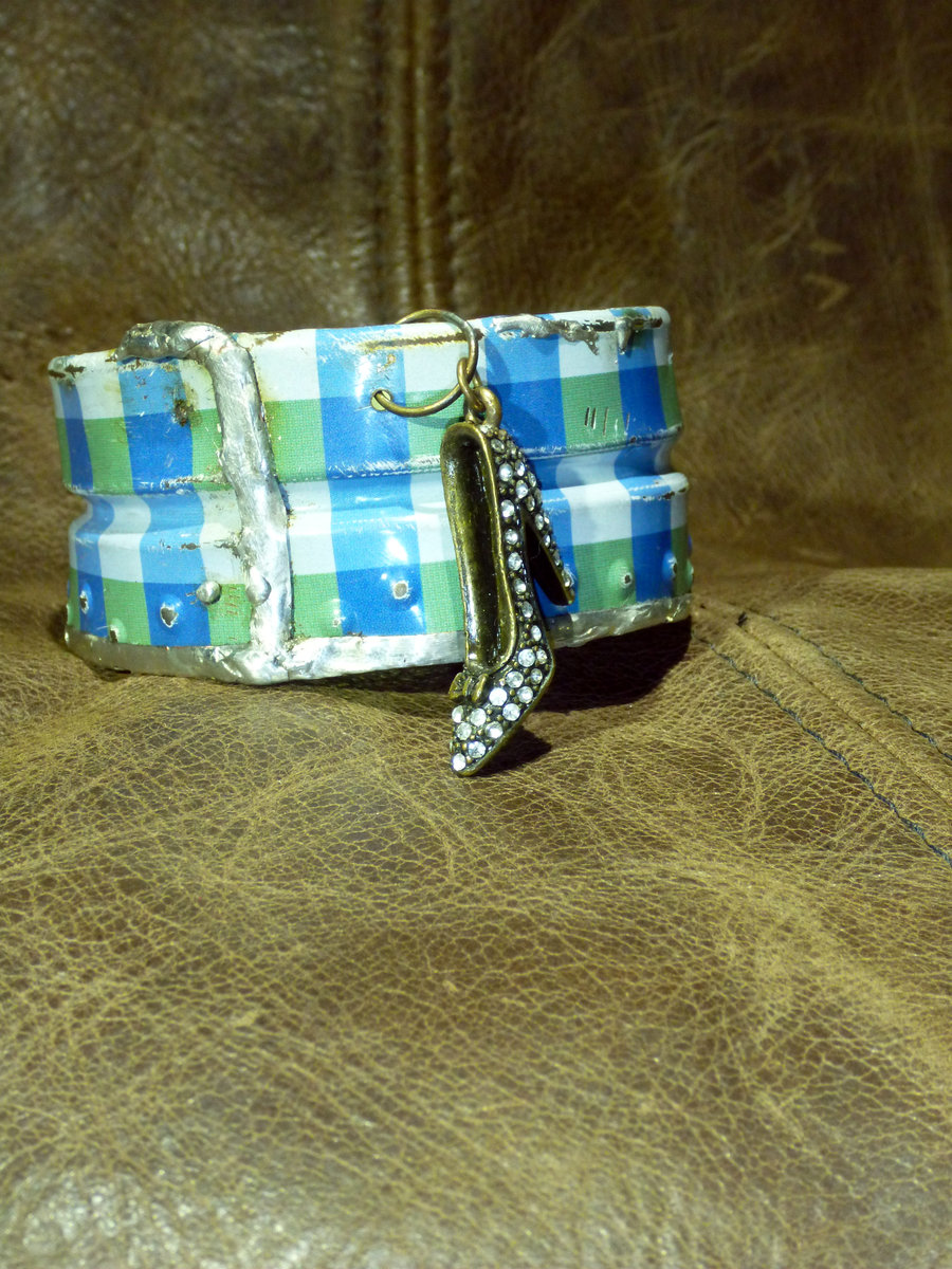 Recycled blue plaid tin can soldered cuff with high heel charm
