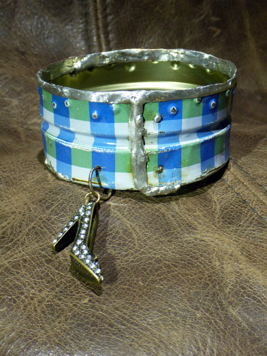 Recycled blue plaid tin can soldered cuff with high heel charm