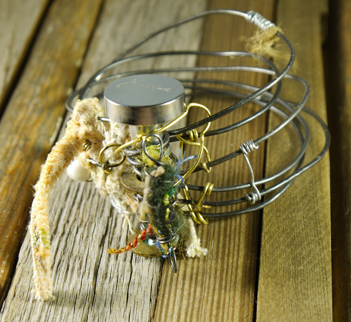 Industrial steel wire, drawer pull and yarn bracelet