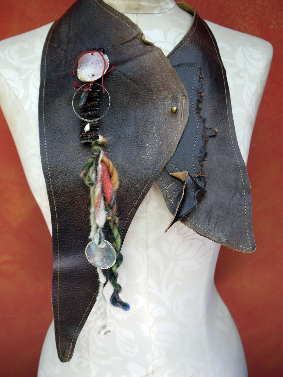 organic jewelry brown bohemian leather vest style bib necklace
