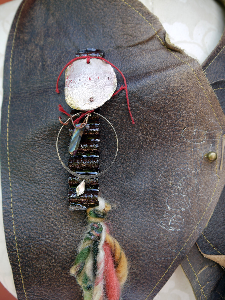 Recycled brown bohemian leather vest style bib necklace