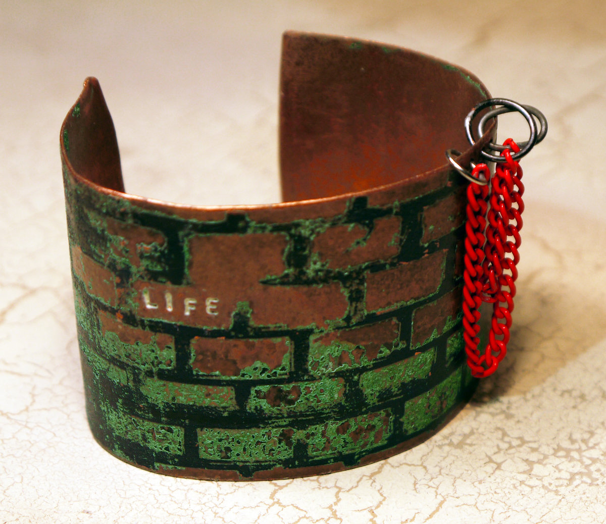 Etched copper cuff "life" obstacles and hoops