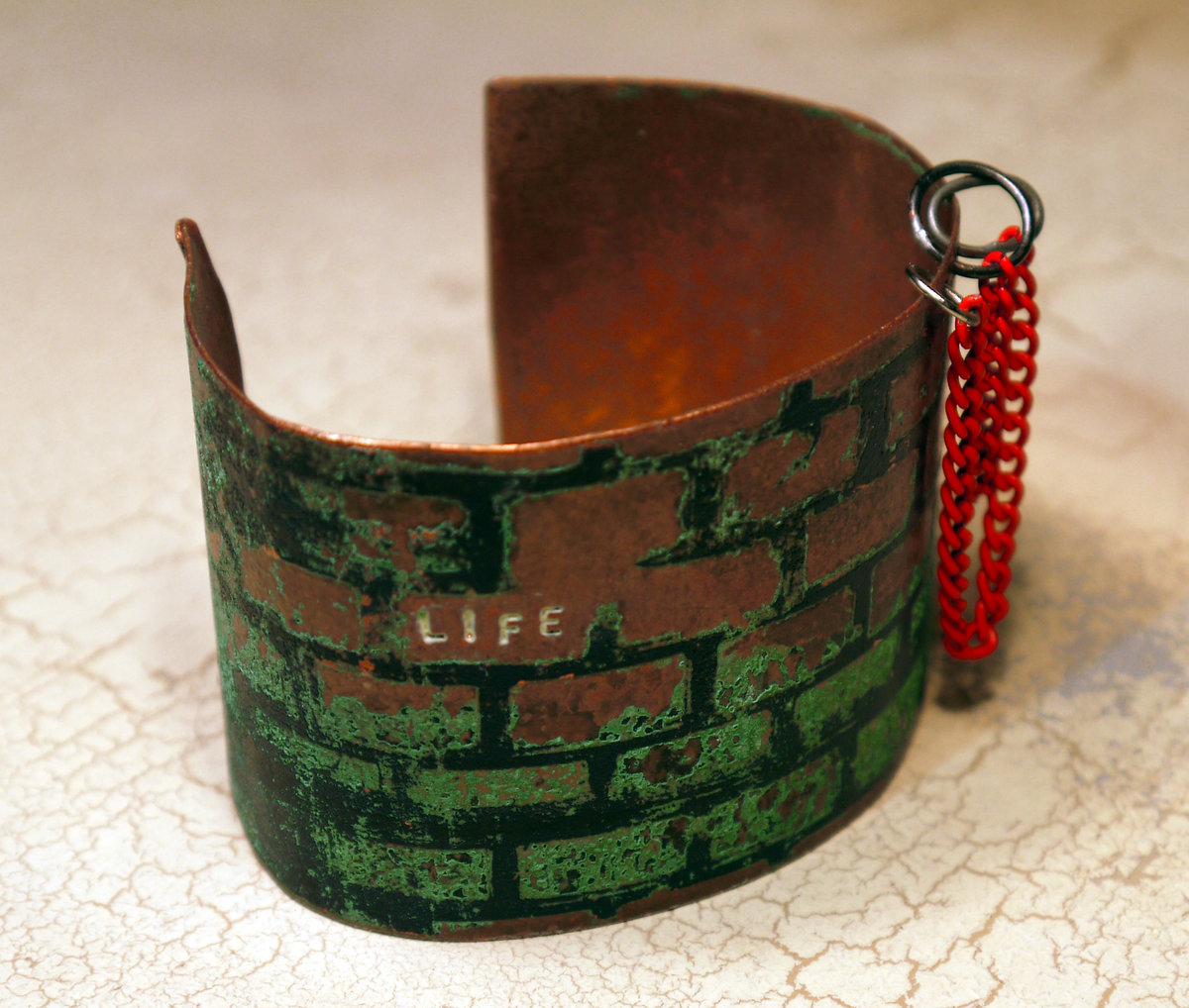 Etched copper cuff "life" obstacles and hoops