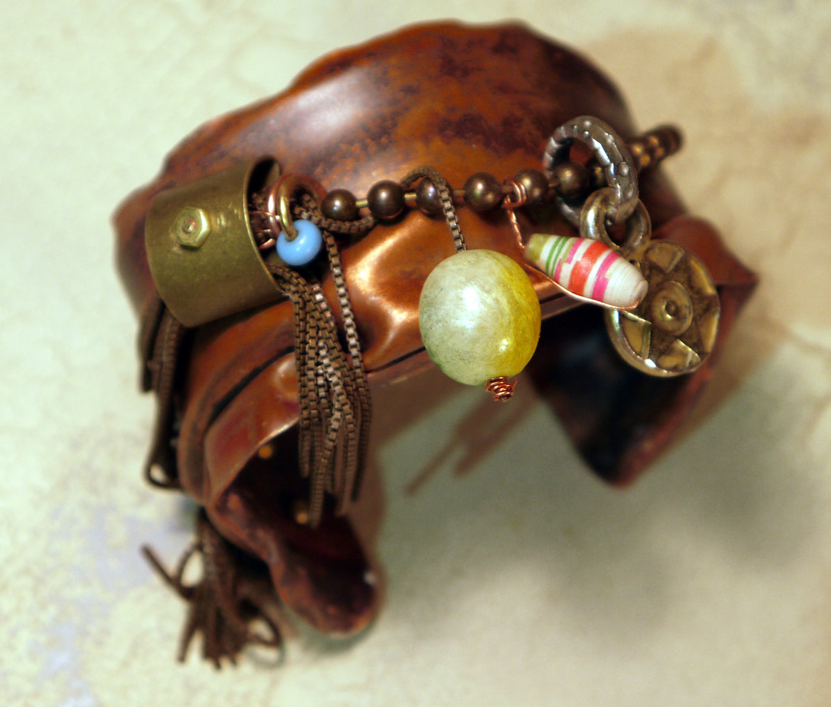 salvaged_crushed_copper_cuff_recycled_chains_beads_vintage_parts_brass Jomama