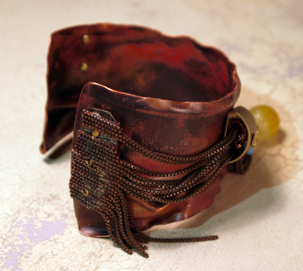 salvaged_crushed_copper_cuff_recycled_chains_beads_vintage_parts_brass Jomama
