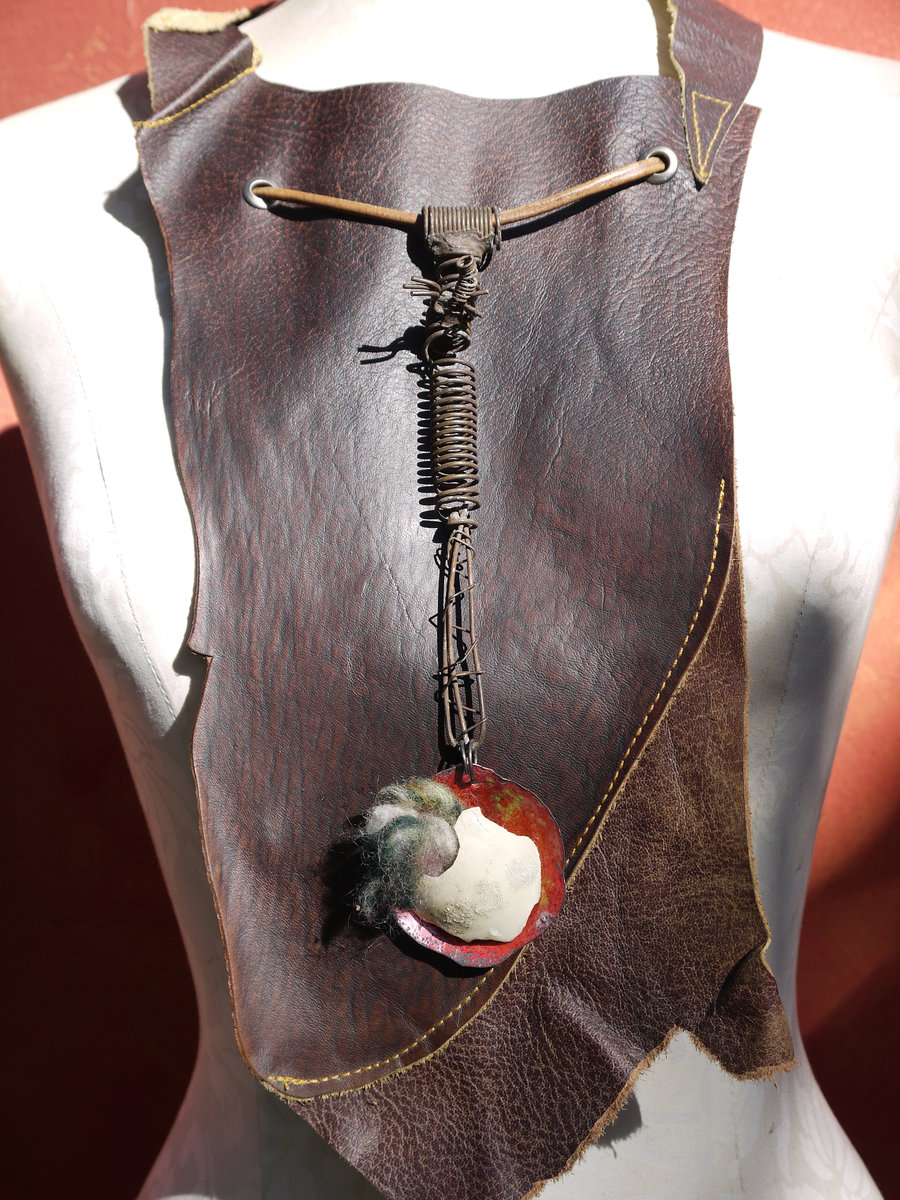 Spring decay boho leather bib necklace with fiber egg
