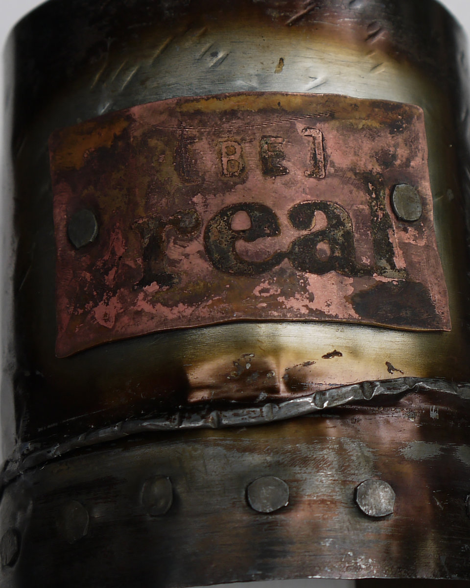 Upcycled tin can cuff bracelet with copper tag
