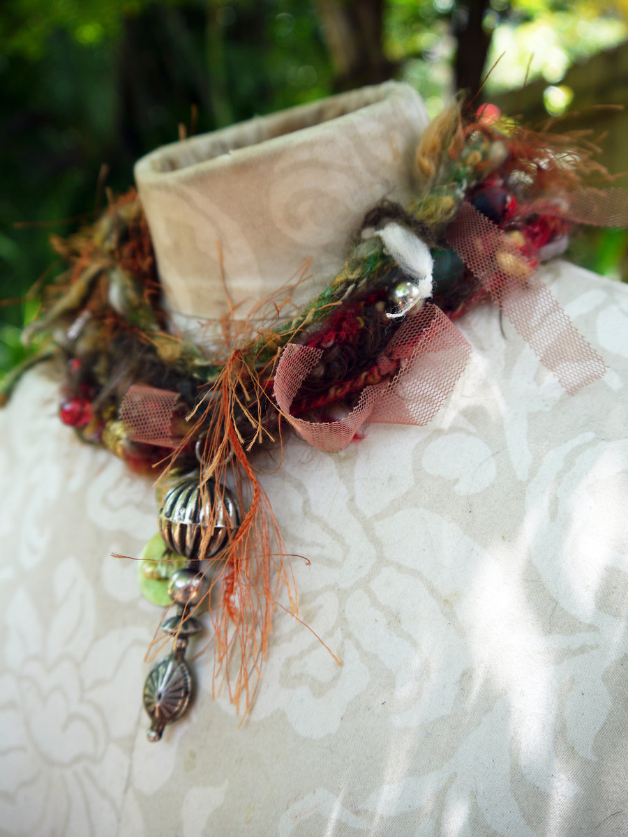 Yarn fringe mixed media charm necklace
