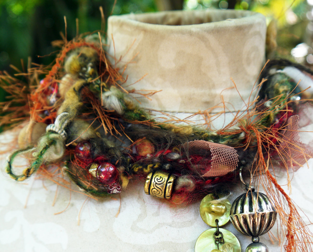 Yarn fringe mixed media charm necklace